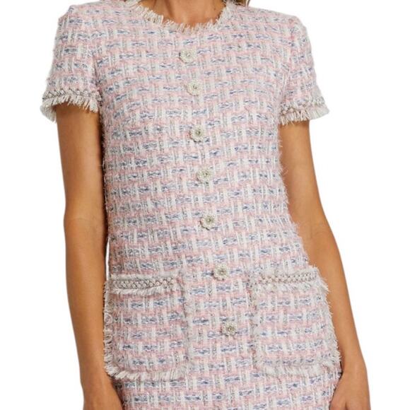 Mac Duggal Medium Pink Boucle Cap Sleeve Floral Button Detail Shift Dress NEW - Picture 1 of 13